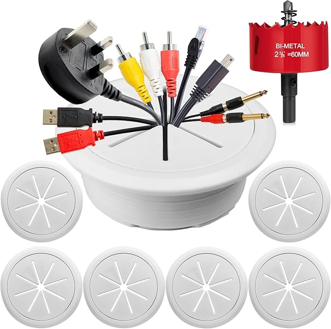 RONGWI 6PCS Desk Grommet,2-3/8""(60mm) Desk Hole Cover for Cables,Wire Hole Cover for Desk with Hole Saw,Office and Home Table,Desktop Equipment Wiring Management and Protection (White)