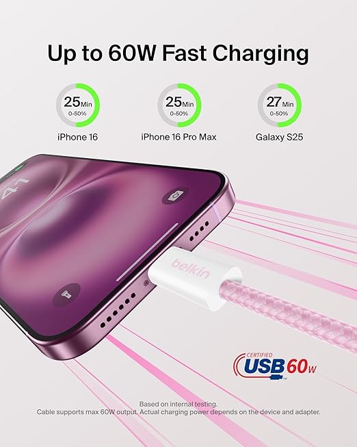 Belkin USB C to USB C Cable 2-Pack, 6.6ft, 60W - Type C Charger, iPhone Charger Cord, Soft, Braided, Flexible for iPhone 17, Galaxy S25, Pixel 10, Airpods, iPad Pro & More, Travel Essentials - Pink