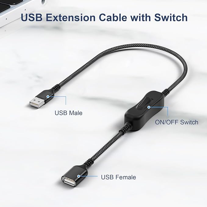 Itramax USB On Off Switch Cable,USB Extension Cable Support Data and Power 1FT/0.3M,Inline Power Switch,Male to Female with Toggle Switch for LED Lamp,LED Light Strips,Driving Recorder
