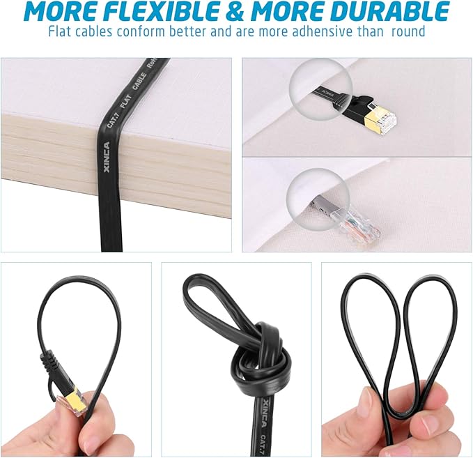 XINCA Cat 7 Flat Ethernet Cable 25ft Black, High Speed 10GB Shielded (STP) LAN Internet Network Cable Ethernet Patch Computer Cable with Rj45 Connectors and 10pcs Adhesive Clips