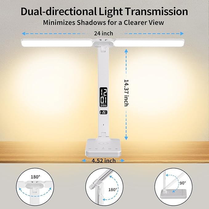 oviouit LED Desk Lamp with Charger, USB Charging Port, Dual Swing Arm Desk Light with 5 Brightness, 3 Colors, Table Lamp with Clock, Alarm, Date, Temperature, Desk Lamp for Home Office Study (White)