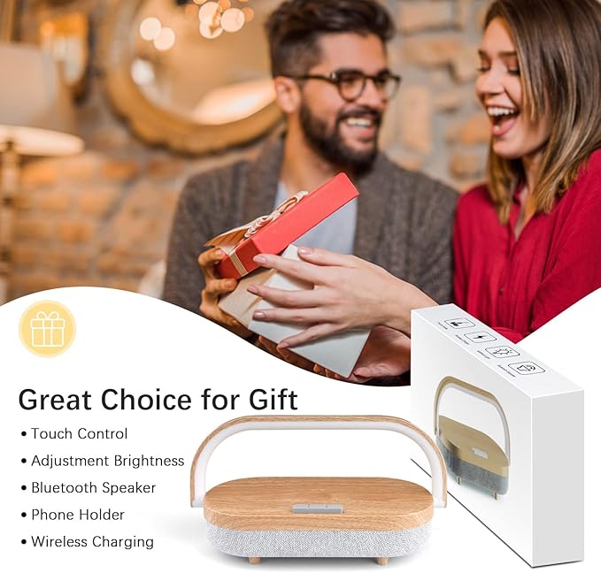 iGaur Nightstand Lamp with Wireless Charger,4 in 1 Touch Bedside Lamp Bluetooth Speaker,Portable Dimmable LED Night Light,Corporate Gifts Premium for Employees Clients,Birthday Gifts Women Wife Friend