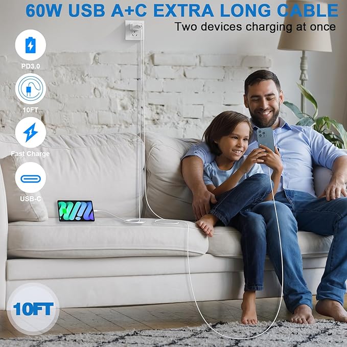 10FT iPhone 17/16e Fast Charger,2Pack 20W Dual Port USB C+A Power Adapter 10Foot Long USB C to C Fast Charging Cable Cord Quick Charging for iPhone 17 Air/17 Pro/17 Pro Max/16/16 Pro/15/15 Pro/Pro Max