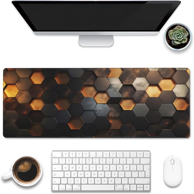 Eflxamz Desk Mat,Golden Honeycomb Technology Desk Pad,Honeycomb Technology Large Gaming Mouse Pad for Desk,Extended Big Computer Keyboard Mouse Pad with Non-Slip Base and Stitched Edge,31.5"x11.8"