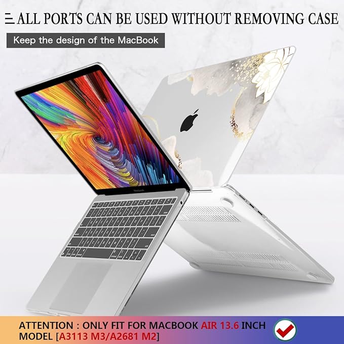 CISSOOK for MacBook Air 13.6 inch Case 2026 2025 2024 2023 2022 Release Model A3449 A3240 A3113 A2681, Lotus Hard Shell Case Keyboard Cover for MacBook Air 13 M2 M3 M4 M5 Chip, Charming Painting