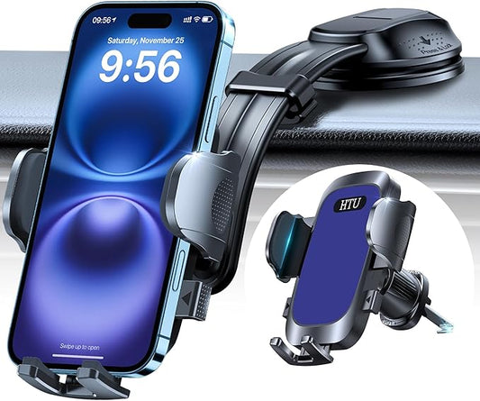 HTU Upgraded Strongest Suction Car Phone Holder Bendable Arm, Never Block View Rotatable Cellphone Mount for Dashboard Windshield Vent, Cradle Stand for iPhone 17 16 15 14 13 12 Pro Max (Lndigo Blue)