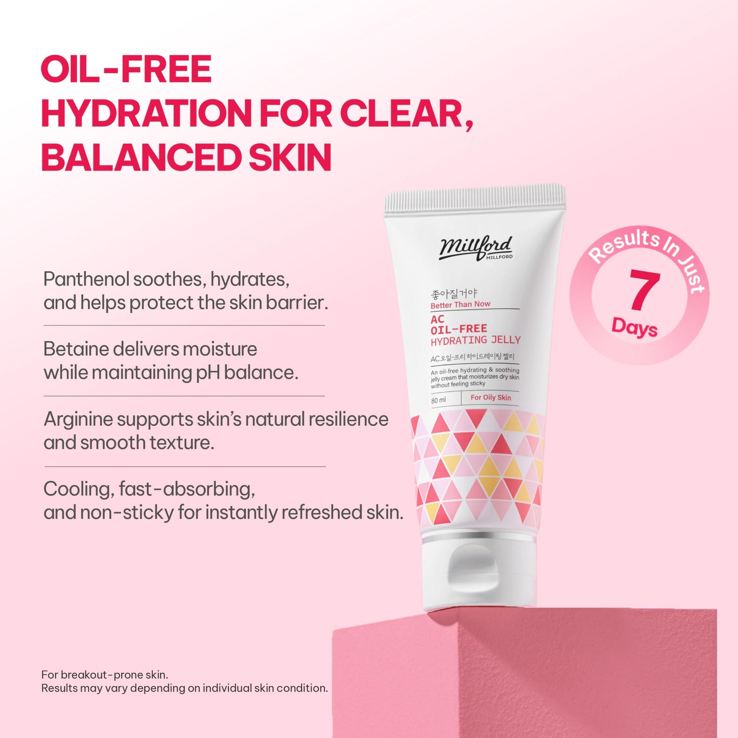 Millford AC Oil-Free Hydrating Jelly 2.7Oz, 80ml, Oil Free Facial Moisturizer for Acne-Prone Skin, Niacinamide 2%, Unscented, Mild, Soothing Cream, Non Greasy Moisturizer, Korean Skincare