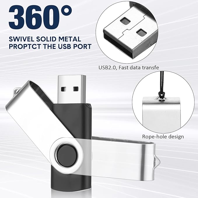 Aoriher 50 Pack USB 2.0 Flash Drives Bulk, Portable USB Thumb Drives with Lanyards, Swivel Flash Drives Thumb Drives for Office School Data Storage(Black,256mb)