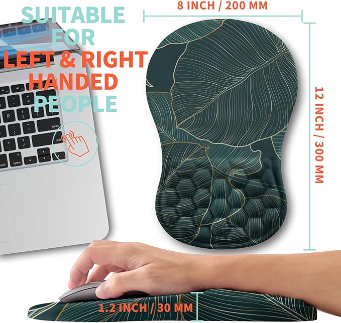 Kuosgm Ergonomic Mouse Pad Wrist Support with Memory Foam Massage Bulge, Carpal Tunnel Pain Relief Mousepad Wrist Rest for Mouse(12x8 inch, Leaves)