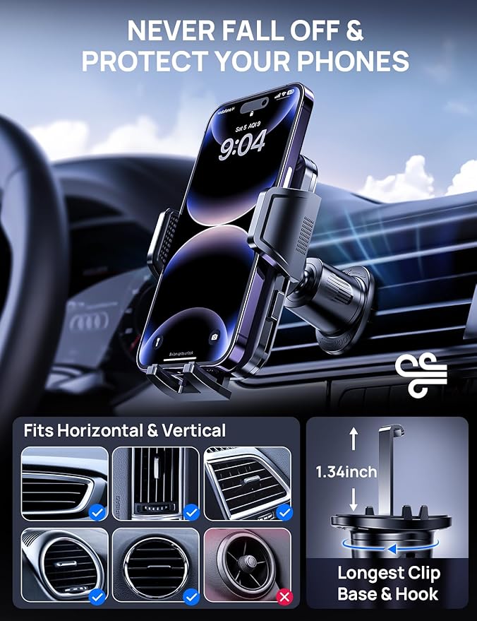 [2026 New] Car Vent Phone Mount, [Upgrade Hook Clip Never Shake] Adjustable 360 Rotation Vent Clip Car Phone Holder Mount, Big Phone & Thick Case Friendly Fit for All iPhone, Samsung & Cell Phone