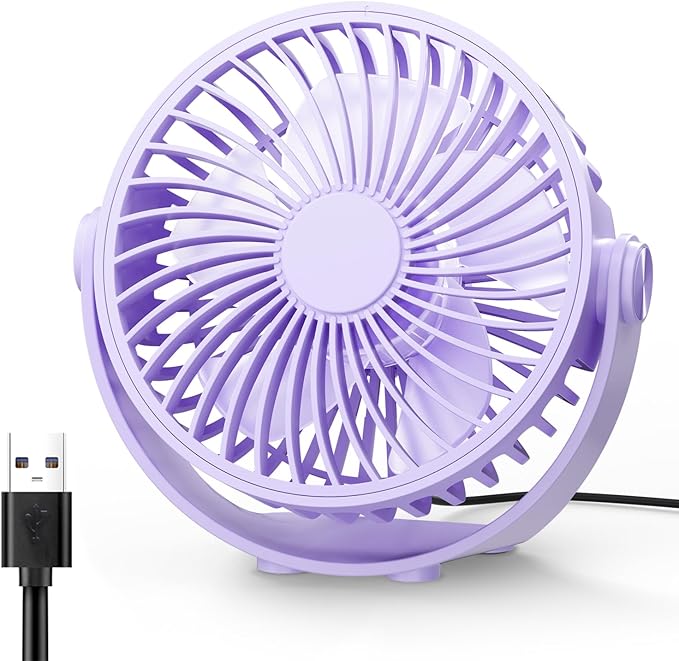 Edvision USB Desk Fan, 5 Inch Mini Portable, 3 Speeds Strong Airflow Personal Desktop, Detachable Cooling Fan 360° Rotation Quiet Small Fan for Desk Home Office Travel Car, Purple, 5ft Cable