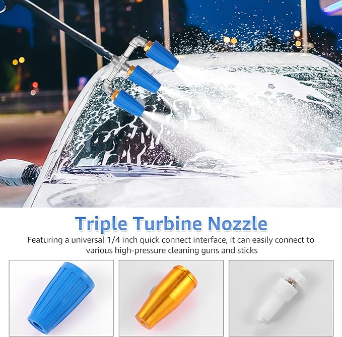 3 in 1 Pressure Washer Nozzle 360Â° Rotating 4000 PSI with 1/4" Quick Connector Pressure Washer Tip Turbine Nozzle Time Saving Triple for Cleaning Driveways Walls Decks