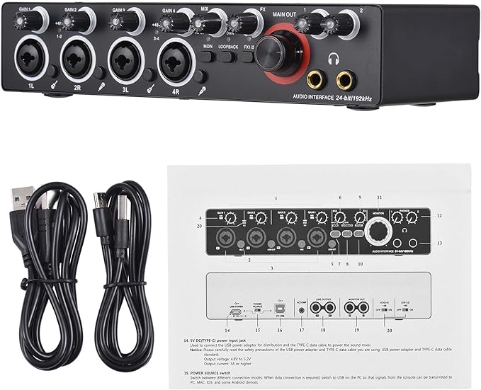 Summina 4 Channels Sound Card Computer Audio Interface, 4-in 4-out for Professional Recording of Live Streaming Karaoke, Driver Free USB Audio Interface