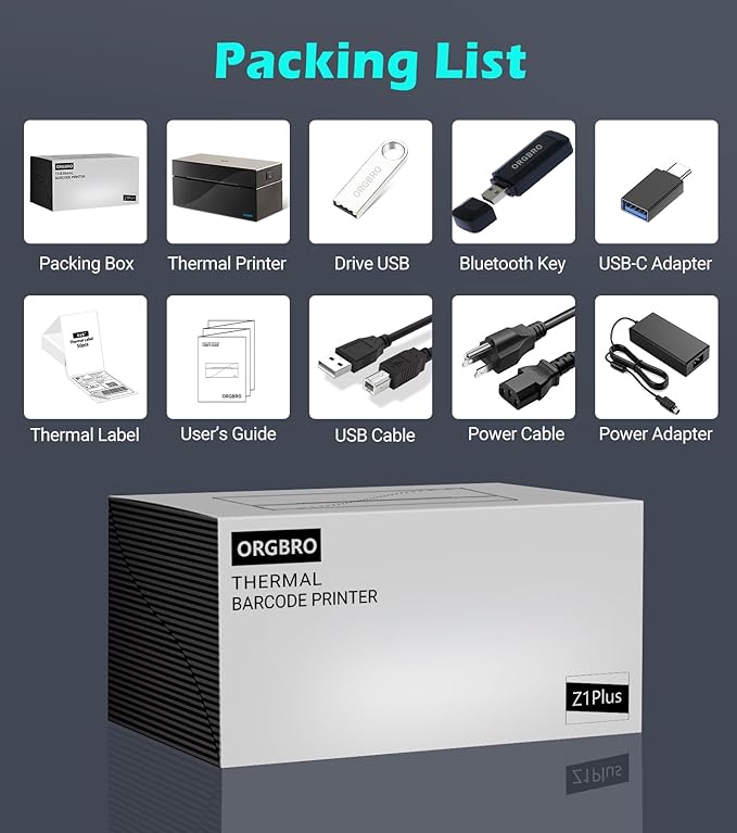 ORGBRO Bluetooth Thermal Shipping Label Printer, Z1-Plus Wireless 4X6 Shipping Label Printer for Small Business Office or Home Support iPhone Android Windows macOS Chrome Amazon Shopify USPS