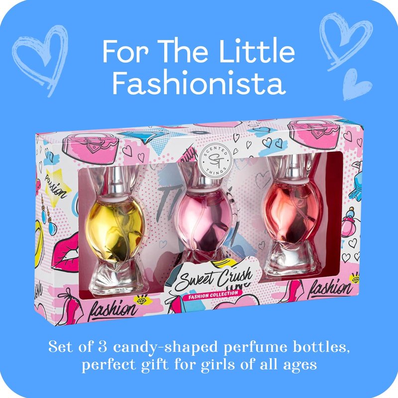 SCENTED THINGS Candy Girls Perfume Gift Set – Fruity Body Spray Childrens Perfumes for Tween & Teen Girls, 3 Candy-Shaped Bottles, Gift-Ready Fashion Collection for Kids & Teens