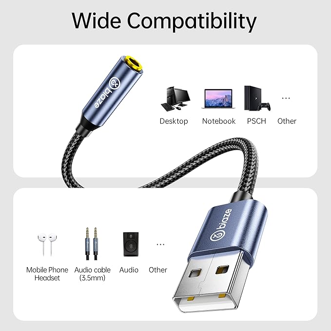 biaze USB to 3.5mm Jack Audio Adapter, External Stereo Sound Card USB-A to Audio Jack Adapter with Auxiliary Stereo Converter, Compatible with Desktop, Laptop Mac, Linux and More!