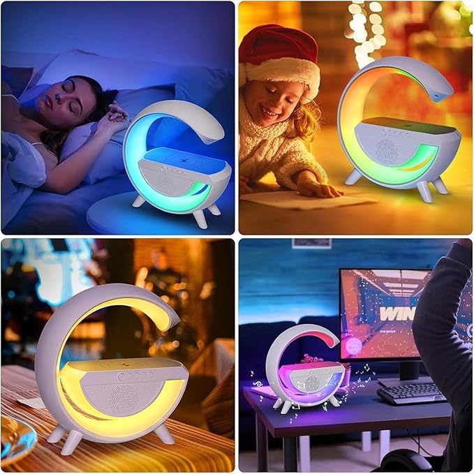 Pxujoqecg Table Lamp with Bluetooth Speaker, G Bedside Light with 15W Wireless Charger, Atmosphere Lighting with Alarm Clock, RGB Bedside Nightstand Table, Hi-Fi Sound, Time Display