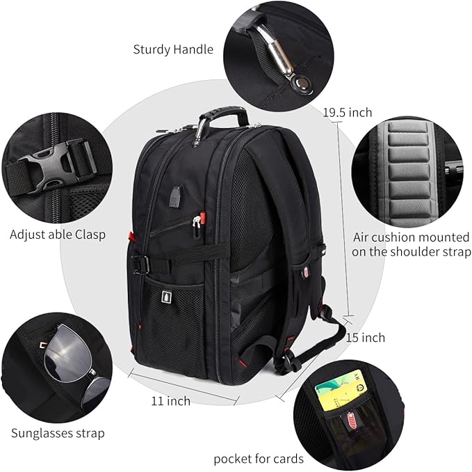 SHRRADOO Extra Large 50L Travel Laptop Backpack with combination lock, College Backpack Airline Approved Business Work Bag Fit 17 Inch Laptops for Men Women,Black