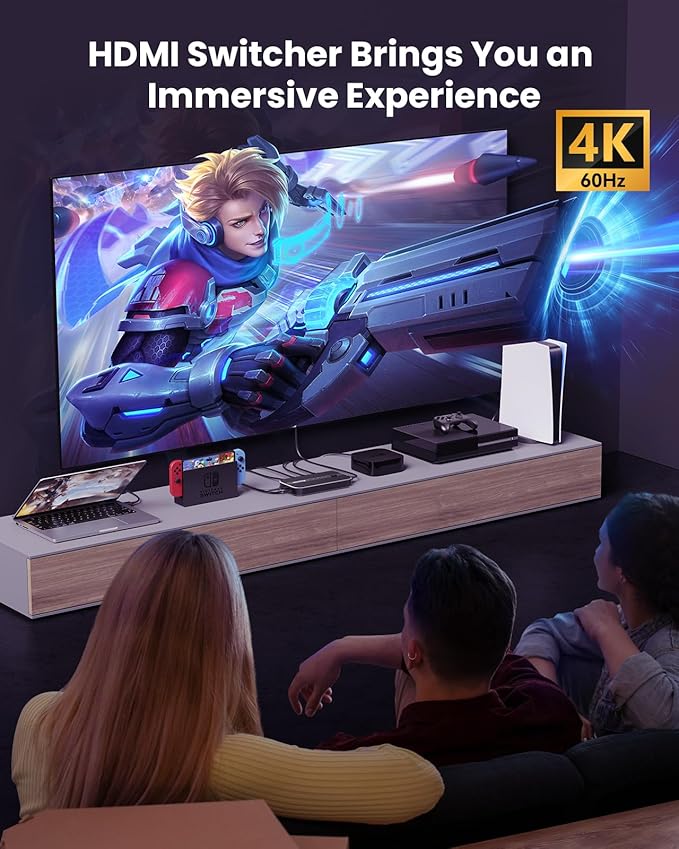 HDMI Switch 5 in 1 Out with Remote - 4K@60Hz, HDMI Splitter Support HDCP2.2, HDR, 3D, Dolby Support, 3 Port Switcher Selector Box with Xbox, PS5/4/3, Fire Stick Roku Blu-Ray Player (5 in 1 Out)