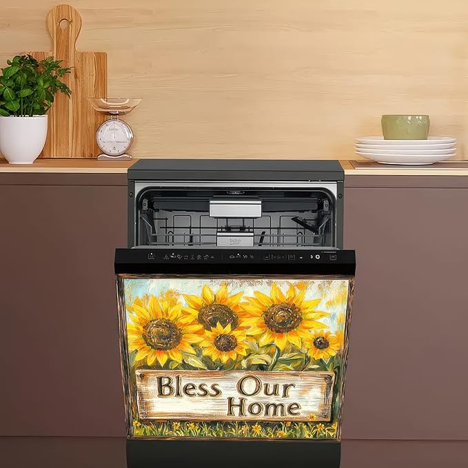 Dishwasher Magnet Cover Sunflower Vintage Wood Grain Dishwasher Magnet Decoration Flower Sunflower Dishwasher Magnet Decorative for Spring Summer Kitchen Refrigerator Cover 23x26 Inch