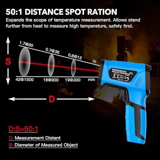 INSTRODOTS Infrared Thermometer Temperature Gun, -40℉ to 2192℉ Dual Laser High Temp Thermometer with LCD Color Display, Non-Contact Industrial Pyrometer 50:1 Distance Ratio, Adjustable Emissivity
