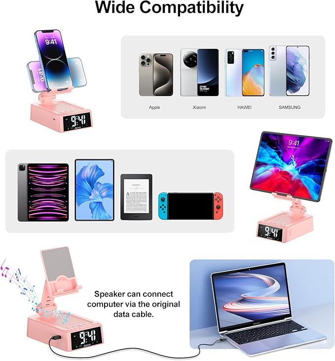 Joymate Gifts for Women Girls, Phone Stand with Bluetooth Speaker 360° Rotable Angle Adjustable Cell Phone Holder for Desk with HD Subwoofer Sound Fits All Phones,Tablets (Pink)