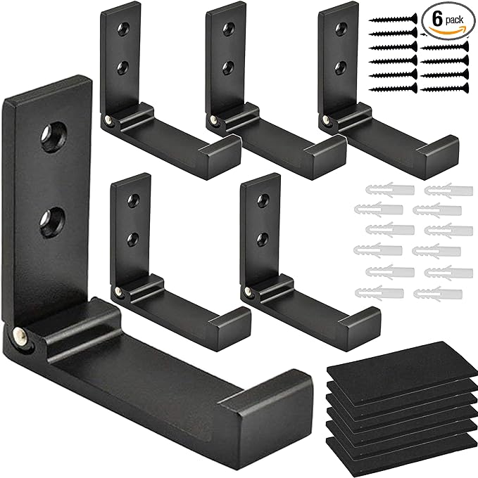 Latomex Folding Coat Hooks, Foldable Wall Hooks for Hanging Aluminum Alloy Cloth Hanger Coat Hanger Headphones Holder Headset Wall Hanger Hook- Pack of 6 (Black)