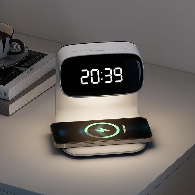 YIDPU Digital Alarm Clock with Wireless Fast Charging Station 15W Touch Smart Lamp for Bedside,3 Colors Nightlight Adjustment Night Lamp for Living Room,Bedside,Heavy Sleepers (White+Cable&Adapter)