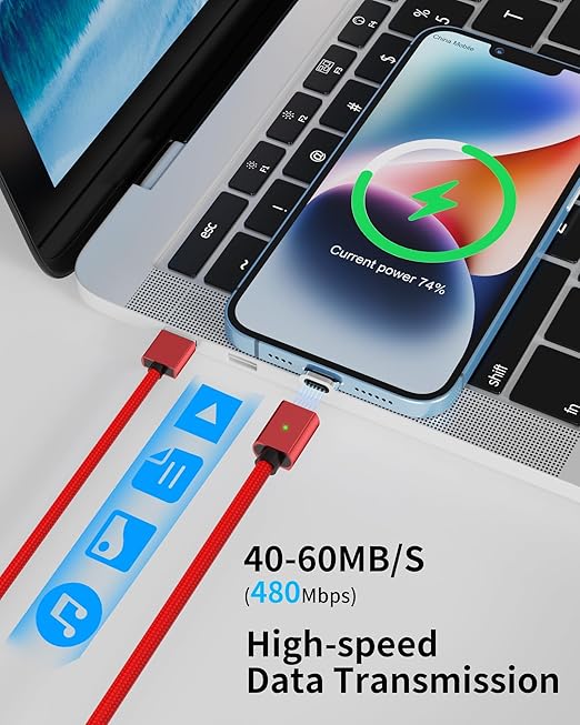 ZBF Magnetic Charging Cable 3A Fast Charging (4-Pack, 3.3/3.3/6.6/6.6 ft) 3 in 1 Magnetic Phone Charger, 480Mbps Data Transfer, USB A to Type C Charger Cable USB-C/Iproduct Micro USB Device (Deep Red)