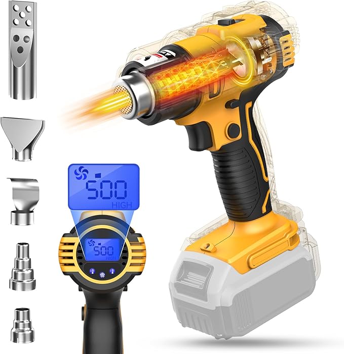 LIVOWALNY Cordless Heat Gun Compatible with Dewalt 20v Battery (Tool Only), 350W 122℉-1022℉ Fast Heating Soldering Hot Air Gun with LCD Digital Display for Shrink Tubing, PVC Wrap, Craft, Epoxy Resin