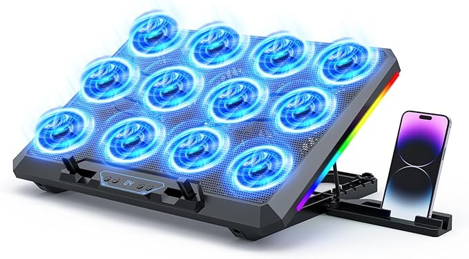 Trullypine Laptop Cooling Pad with 12 Quiet Fans, Slim Portable for 12-17.3 Inch Laptop Cooler Stand, RGB Lighting, with 5 Height Adjustable, Gaming Cooling Fan Pad,Two USB Ports, Phone Holder (LCD)