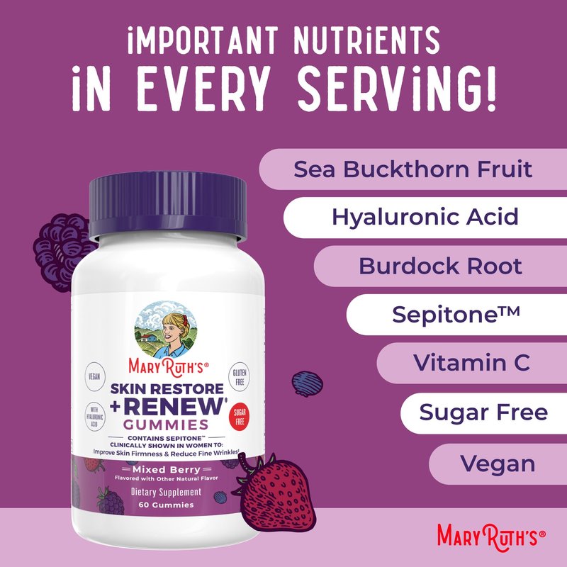MaryRuth's Skin Restore + Renew Gummies With Hyaluronic Acid | Skin Hydration | Clinically Shown in Women to Reduce Fine Wrinkles & Improve Skin Firmness | Vegan Collagen Production | 60 Gummies