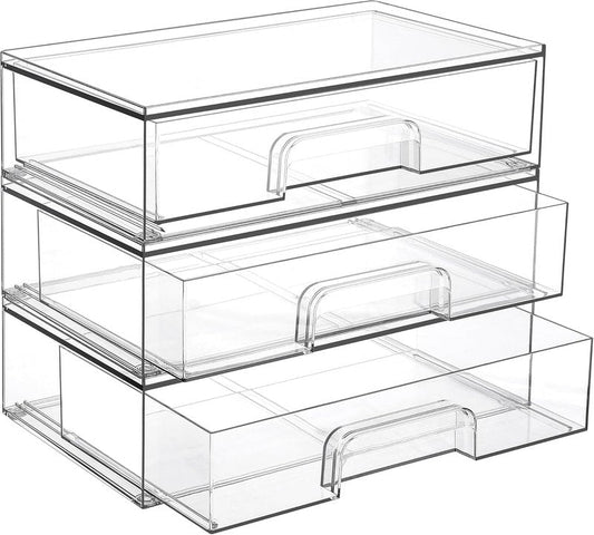 Vtopmart Clear Stackable Storage Drawers - 3 Pack Acrylic Organizers for Makeup & Beauty Supplies | Ideal for Vanity & Bathroom