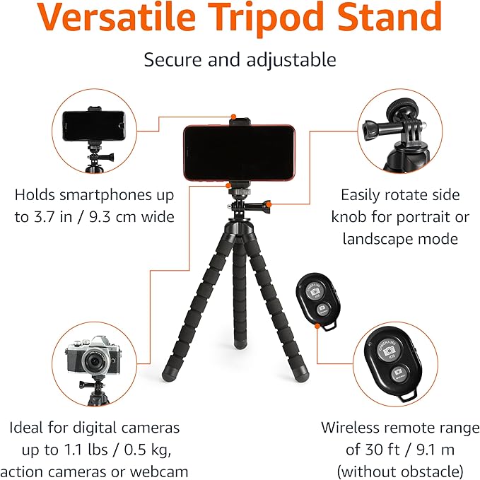Amazon Basics Portable and Flexible Tripod with Wireless Remote and Smartphone Clamp, 10-inch, Black
