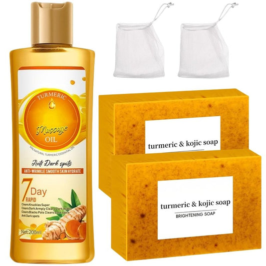 Turmeric Kojic Soap & Oil Set | Lemon Soap Bar for Spot Removal & Even Skin Tone | Honey Massage Oil for Firming & Moisturizing Skin