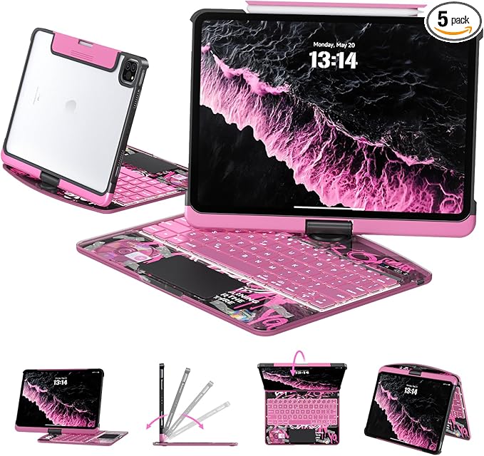 Tiaota Transparent Case with Keyboard for iPad 9th (7th, 8th, and 9th Gen) 10.2 Inch,with 7-Color Backlit Wireless Keyboard,360°Rotatable Protective Case Multi-Touch Trackpad,with Pencil Holder,Pink