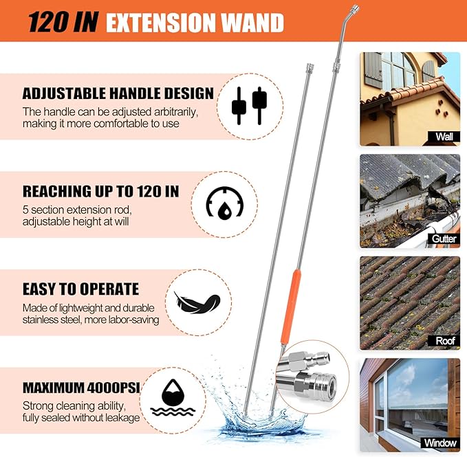120" Gutter Cleaning Tools From the Ground, Pressure Washer Extension Wand with 5 Power Washer Nozzle Tips Max 4000 PSI 360Â° Rotating Spray Turbo Nozzle Pressure Washer