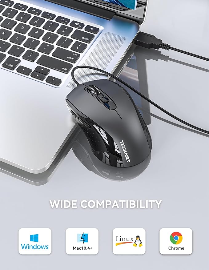 TECKNET USB-A Wired Mouse for Laptop Computer with 2-Button,Home and Office 5FT Corded Mouse, 1600DPI Ergo-Optic Shape PC Mouse Wired for Chromebook,PC,Desktop,Notebook-Black