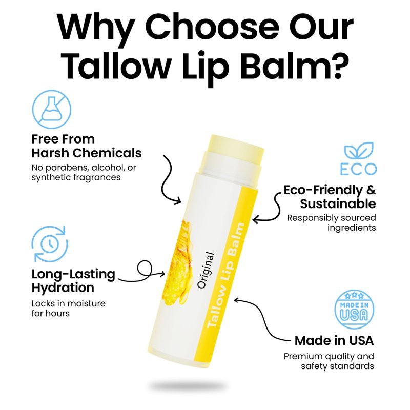 Tallow Lip Balm by Cattle Creek – All-Natural Ingredients, Long-Lasting Moisture and Hydration for Dry, Cracked, and Chapped Lips, Soothing Formula for Soft Skin (Pack of 3, Original)