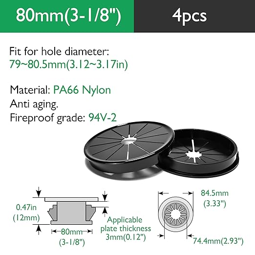 EASYEAH 4PCS Cable Grommets, 3-1/8"(80mm) Desk Hole Cover Petal Shaped Buckle Type Nylon Snap Bushing Grommet, Wire Hole Cover Insert for Cables and Cords Management and Protection of Cabinet, Black