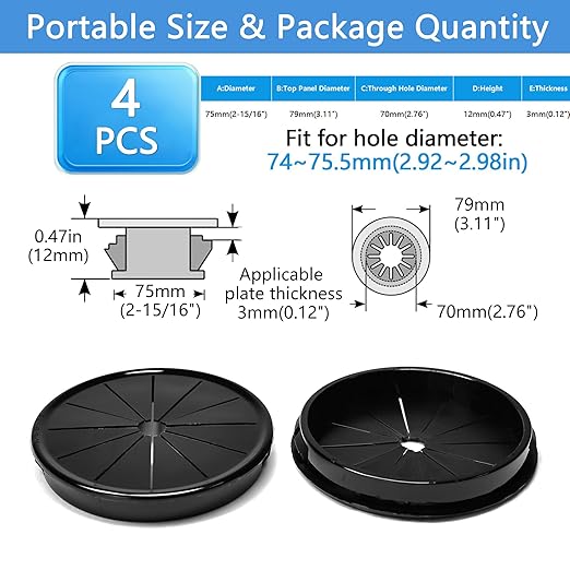 BOPOREAE 4 Pcs Cable Grommet, Snap Bushing 2-15/16" (75 mm) Mounting Diameter, Flexible Petal-Shaped Buckle Round Nylon Desk Grommet for Wires Through Countertop Cord Organizer and Protection, Black