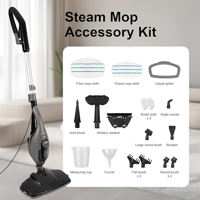 11-in-1 Steam Mop, 1550W Powerful Handheld Steam Cleaner, 260Â°F Multi-Functional Floor Steamer with 21.3FT Cord for Floors, Hardwood, Tiles, Grout, Windows, Kitchen, Bath, Adjustable (Grey)