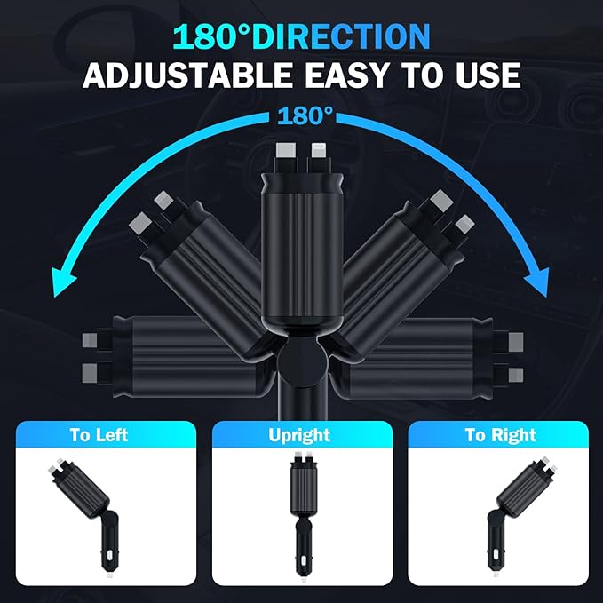 4 in 1 Retractable Car Chargers with Starlight, 66W USB C Fast Car Charger Adapter with 2 USB Ports for All iPhone 15/14/13/12/11 and for All Android (Black - RedLight)