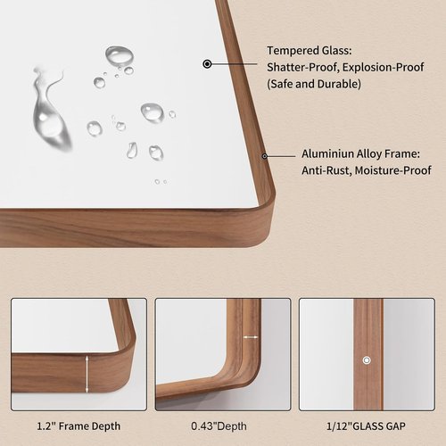LOAAO Bathroom Mirror - 40x24 Inch Rounded Rectangle Design with Wood Grain Metal Frame | Anti-Rust, Versatile Hanging Options