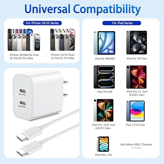 2Pack iPhone 17 16 Charger,Dual Port Fast Wall Charger Block with 10FT USB C to C Cable Cord Chargers Fast Charging for iPhone 17/17 Pro Max/17 Pro/iPhone Air/16Pro Max/16 Plus/15 Pro Max/15Pro/iPad