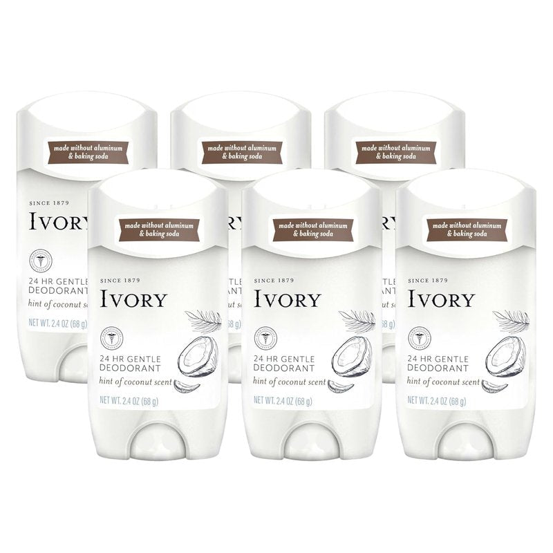 Ivory Aluminum-Free Coconut Deodorant - 24-Hour Gentle Formula, Baking Soda & Paraben Free | 2.4oz (Pack of 6)