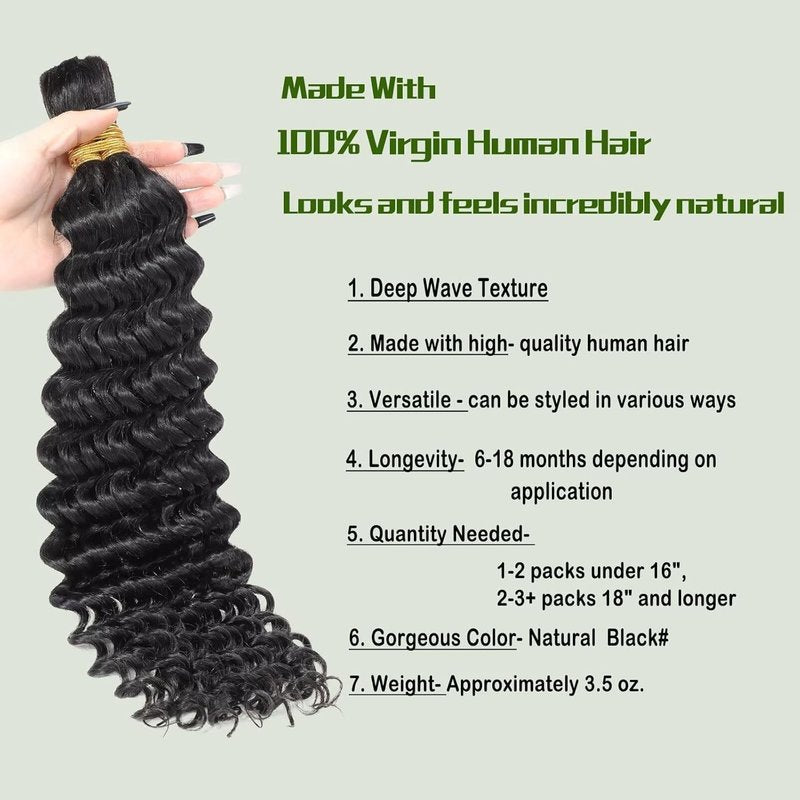 Human Braiding Hair - 100% Virgin Deep Wave Bulk Extensions | 22 Inch, Natural Black, 2 Bundles