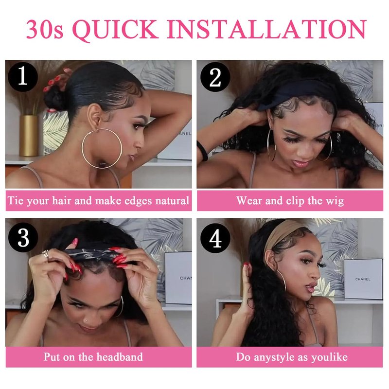 Headband Wig Human Hair Body Wave Headband Wigs None Lace Front Half Wig Glueless Virgin Brazilian Body Wave Machine Made Wigs for Black Women Brazilian Virgin Human Hair 16 Inch Natural Color