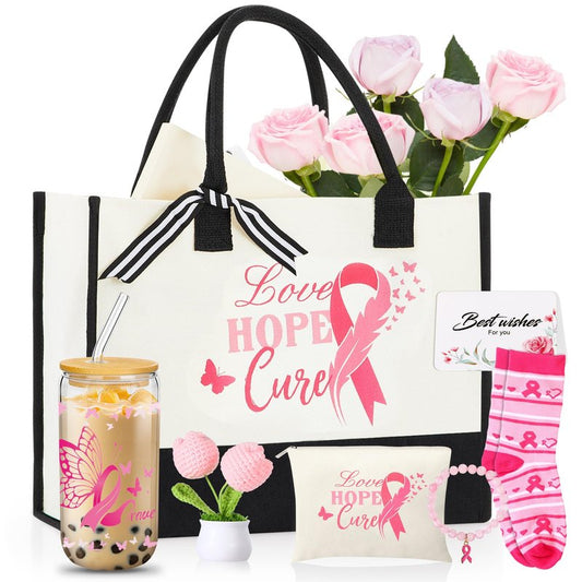 Capoda 7 Pcs Breast Cancer Gifts for Women Include Tote Bag Makeup Bag Glass Cup Card Sock Bracelet Crochet Flowers Breast Cancer Awareness Accessories Gifts Set Care Package for Survivor Patients