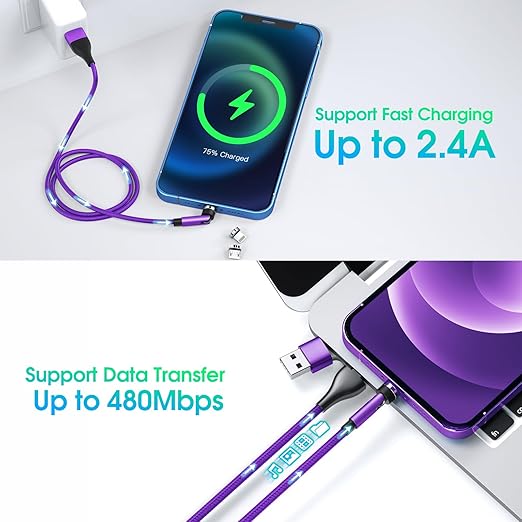 Ankndo 5-in-1 Magnetic Charging Cable, 540° Rotation Magnetic Phone Charger [4-Pack, 3ft/3ft/6ft/10ft] USB A/Type C Fast Charging Charger Cable for iproduct/Micro USB/USB C Devices-Purple